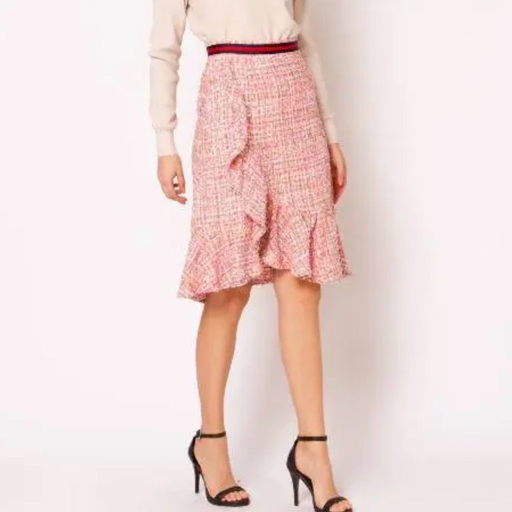 Gracia Pink Tweed Ruffle Midi Skirt Contrast Waistband size S